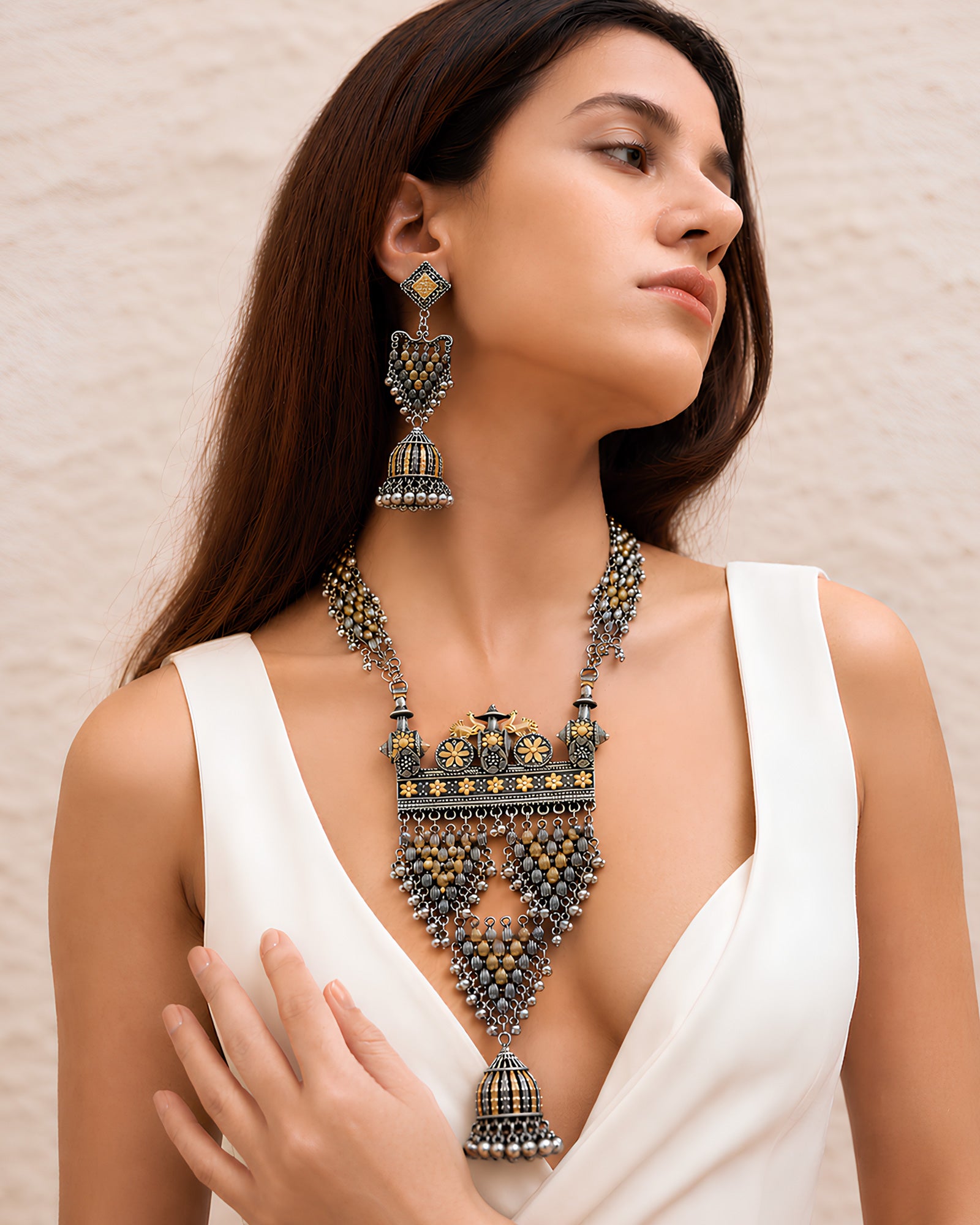 Dual-Tone Architectural Shield & Tiered Mesh Jhumka Haar Set