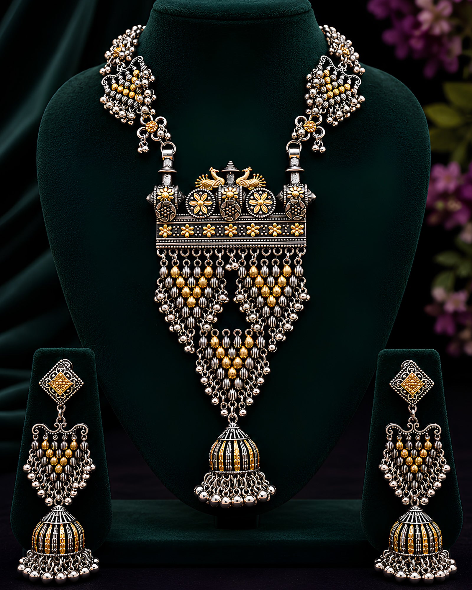 Dual-Tone Architectural Shield & Tiered Mesh Jhumka Haar Set