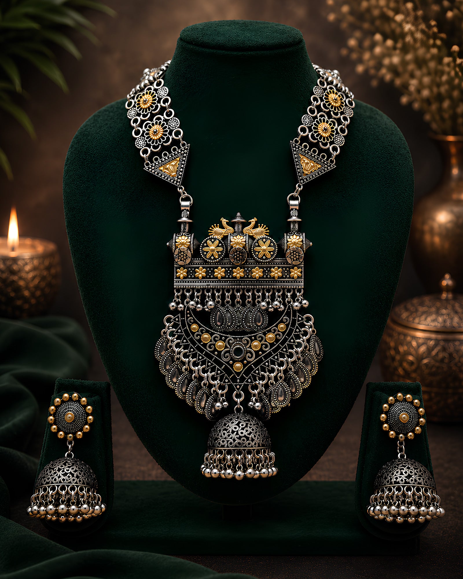 Dual-Tone Architectural Shield & Tiered Open-Work Jhumka Haar Set