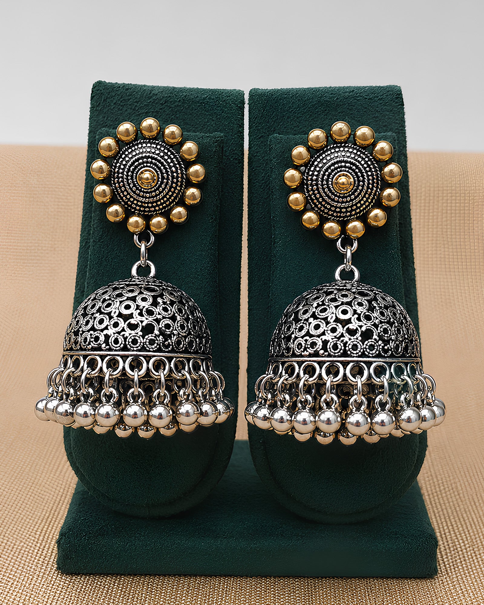 Dual-Tone Architectural Shield & Tiered Open-Work Jhumka Haar Set