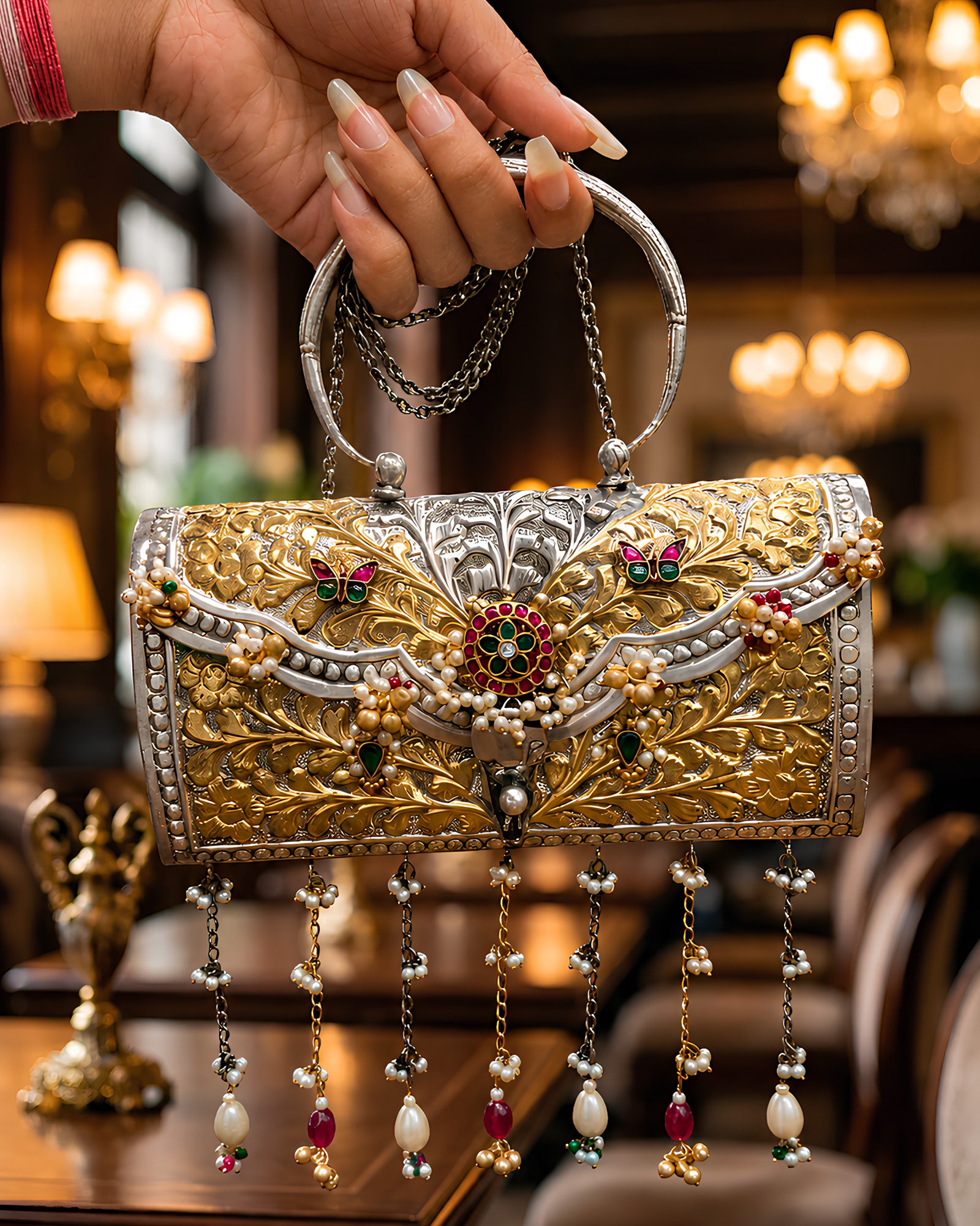 Dual-Tone Baroque Flora Rosette Minaudiere Bag