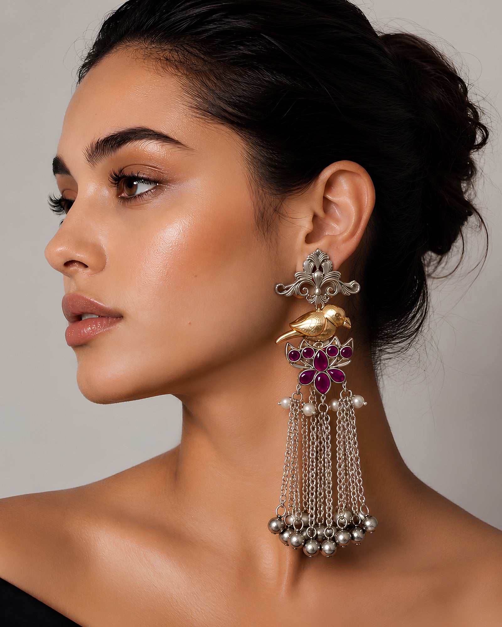 Dual-Tone Bird & Floral Tassel Earrings