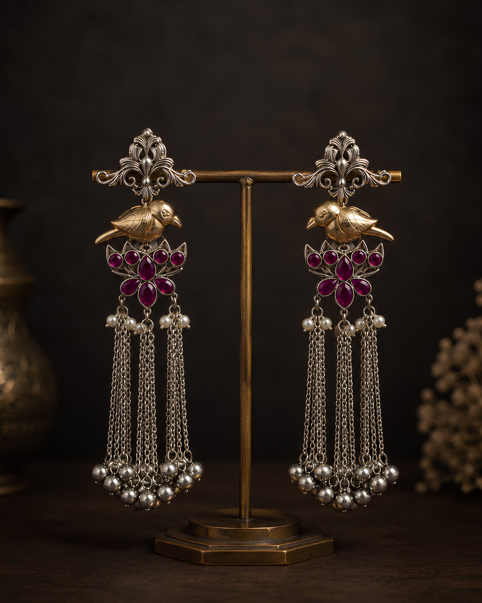 Dual-Tone Bird & Floral Tassel Earrings