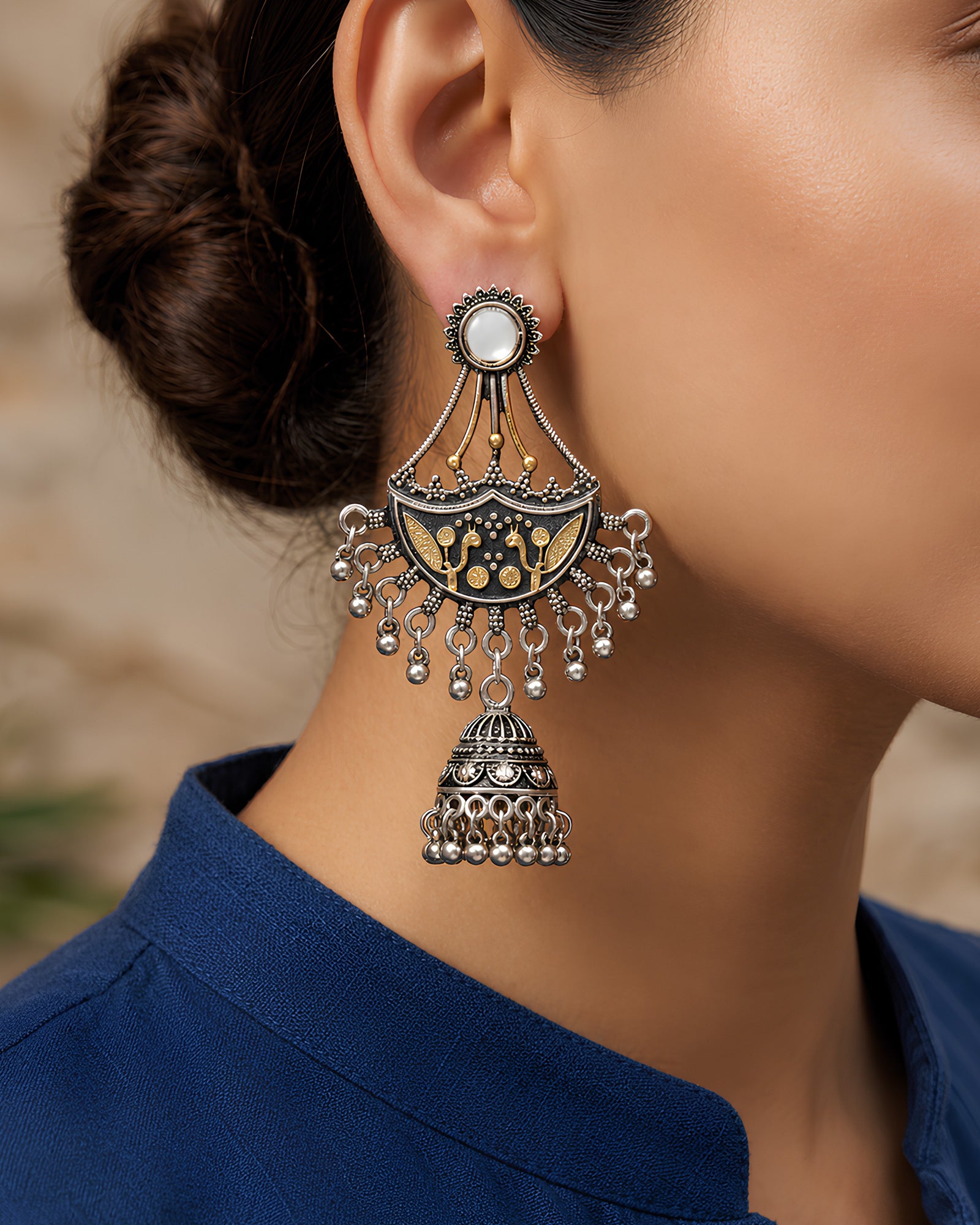Dual-Tone Bird Motif Jhumka Earrings