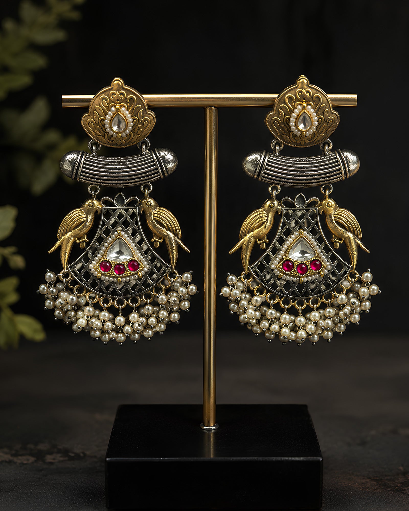 Dual-Tone Bird Motif Pearl Drop Earrings