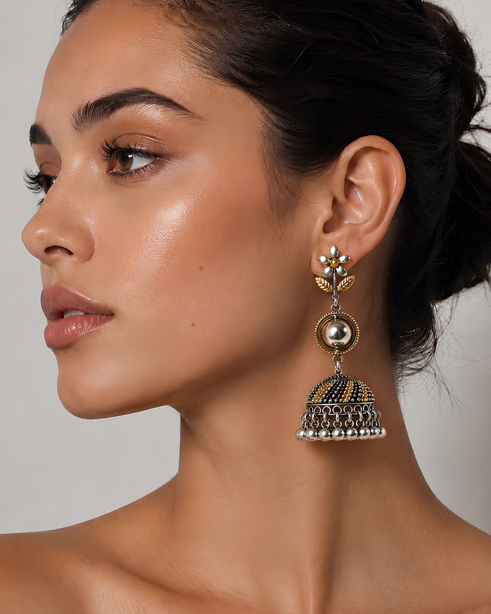 Dual-Tone Blossom & Orb Oxidized Jhumkas