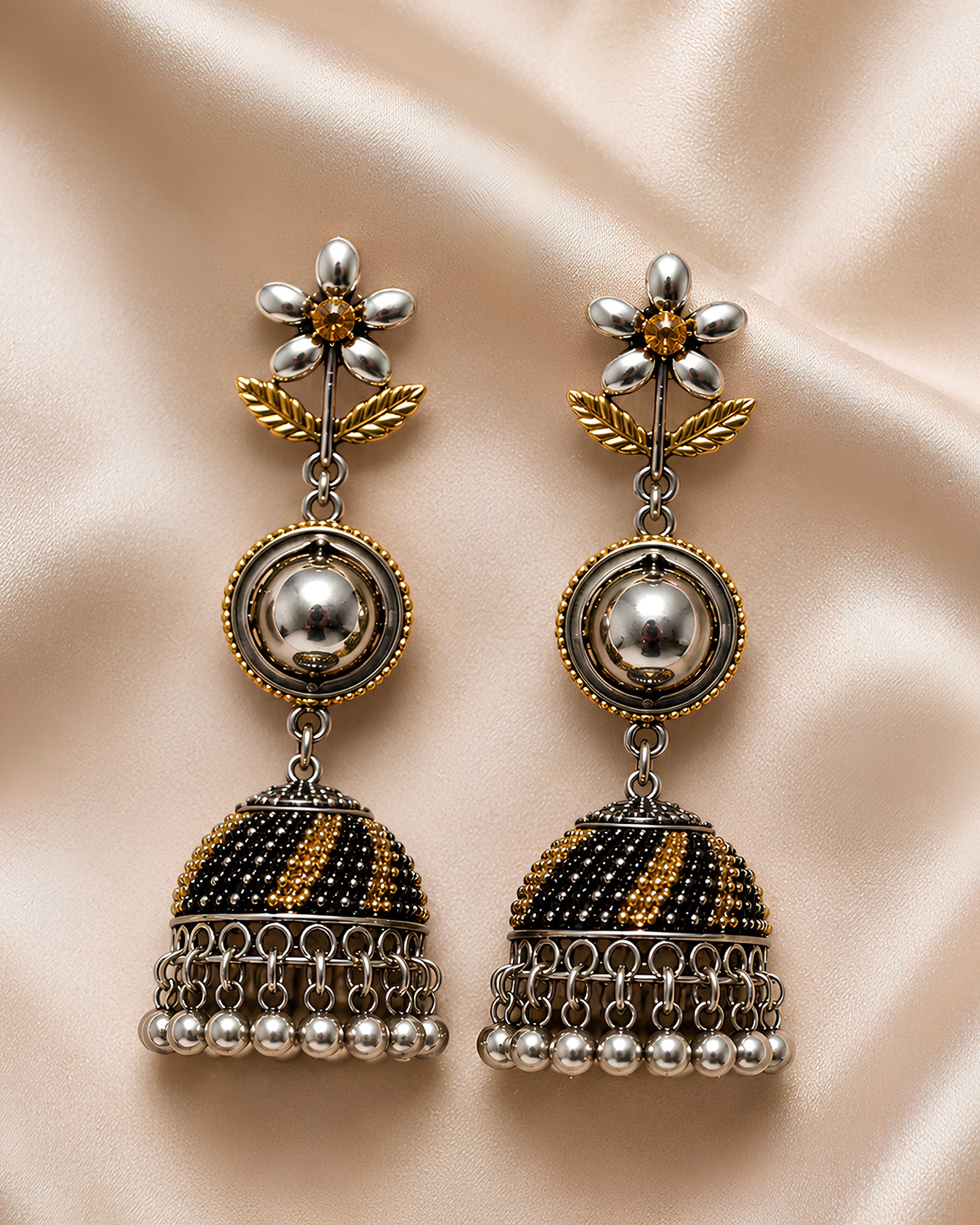 Dual-Tone Blossom & Orb Oxidized Jhumkas