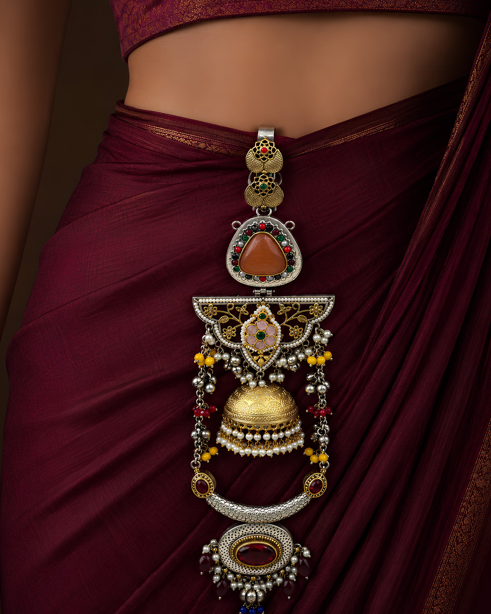 Dual-Tone Carnelian Shield & Golden Jhumka Chabi Chhalla