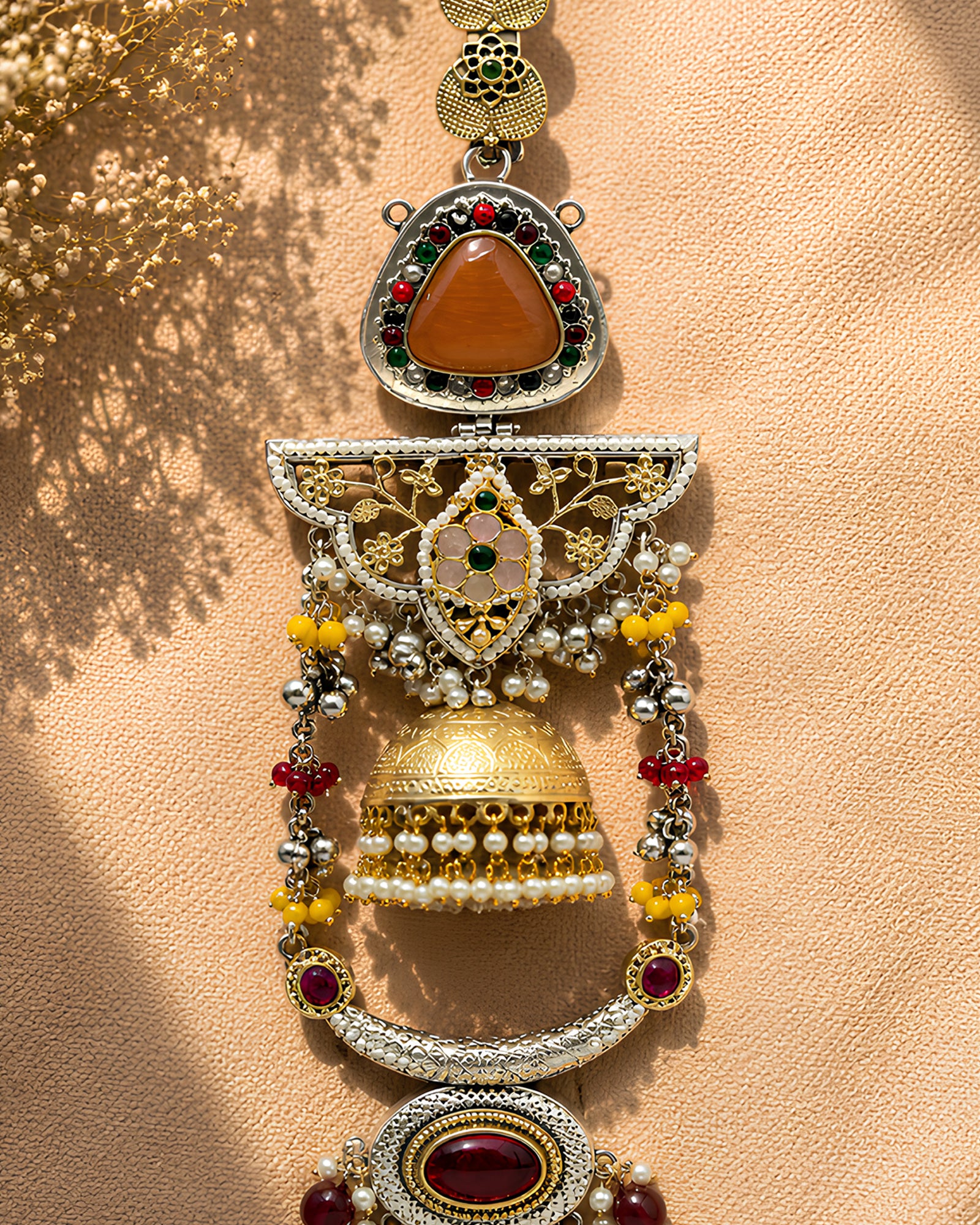 Dual-Tone Carnelian Shield & Golden Jhumka Chabi Chhalla