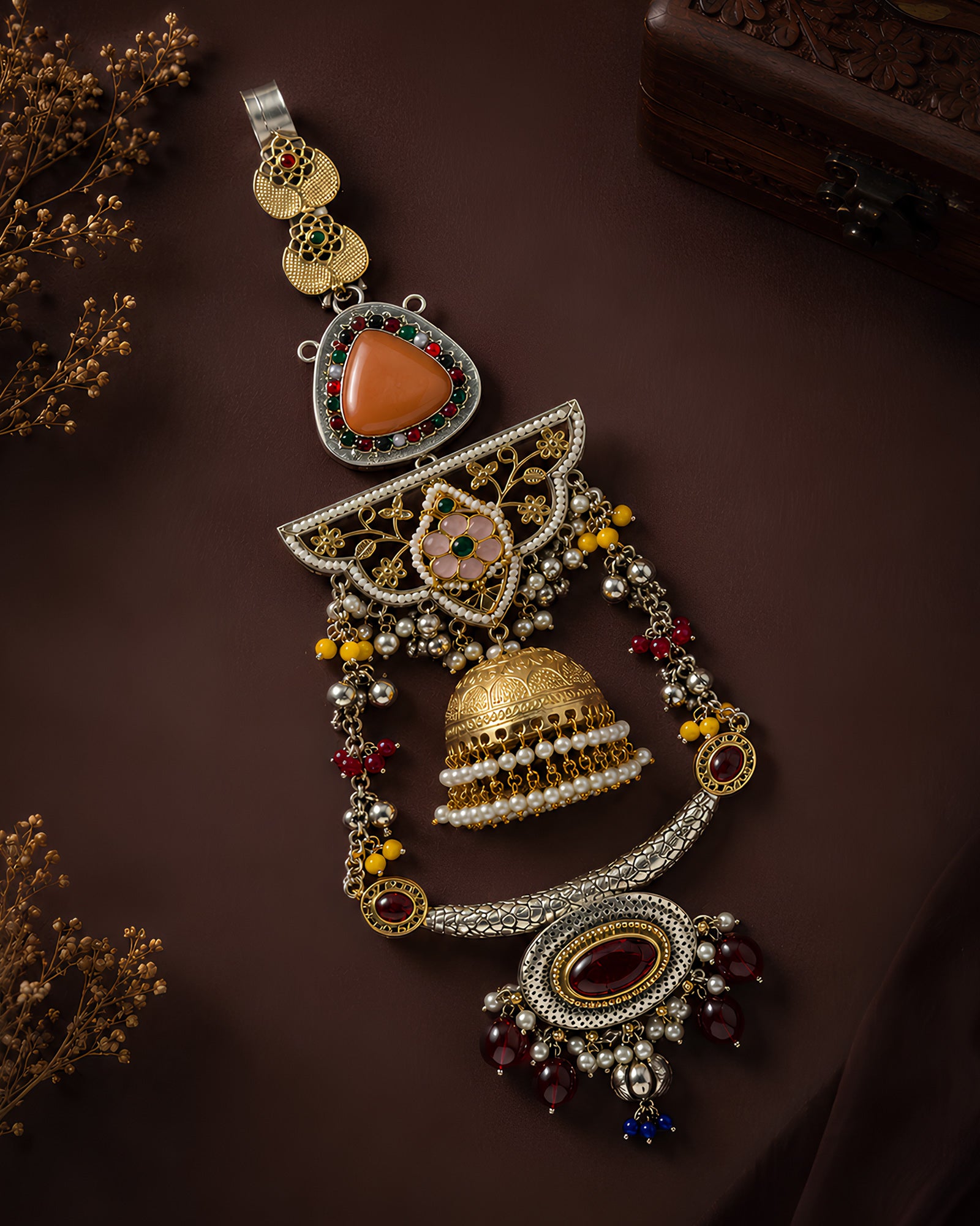 Dual-Tone Carnelian Shield & Golden Jhumka Chabi Chhalla