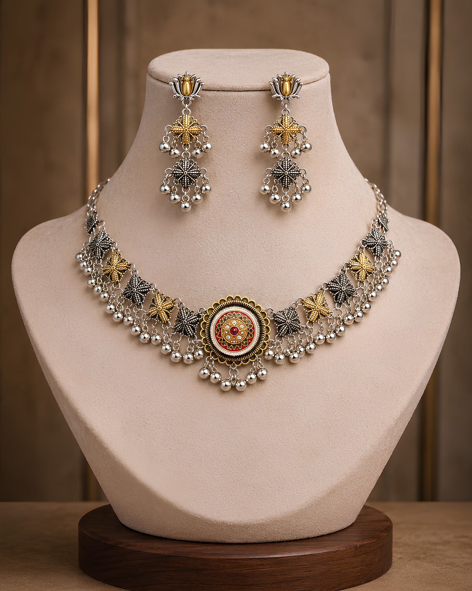 Dual-Tone Circular Medallion Oxidized Necklace