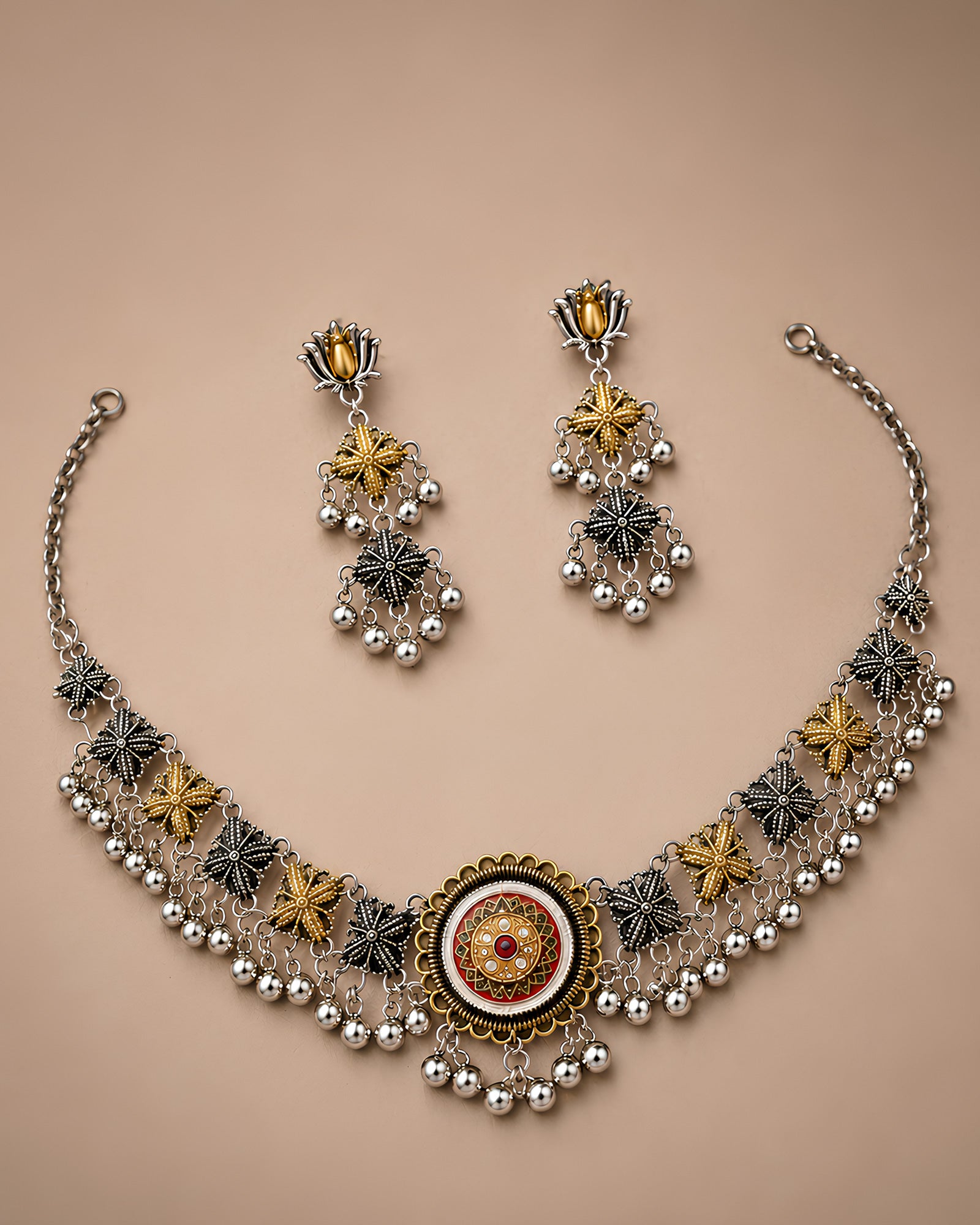Dual-Tone Circular Medallion Oxidized Necklace