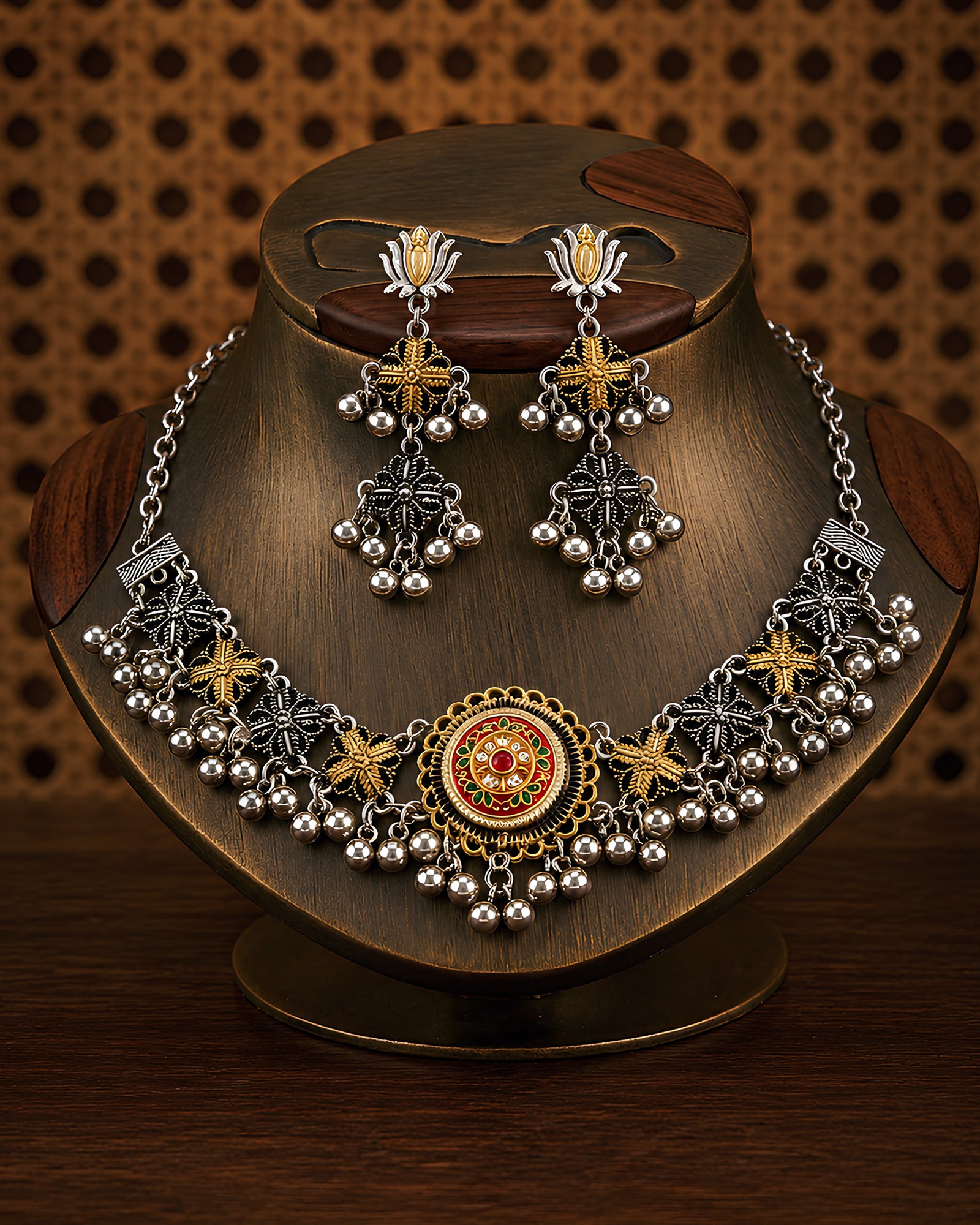 Dual-Tone Circular Medallion Oxidized Necklace