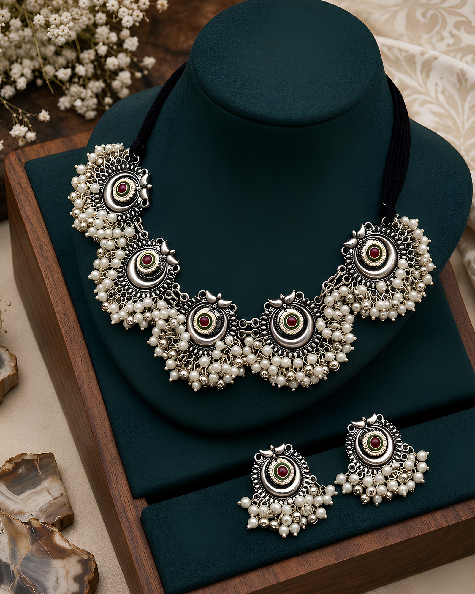 Dual-Tone Concentric Medallion & Pearl Droplet Choker Set