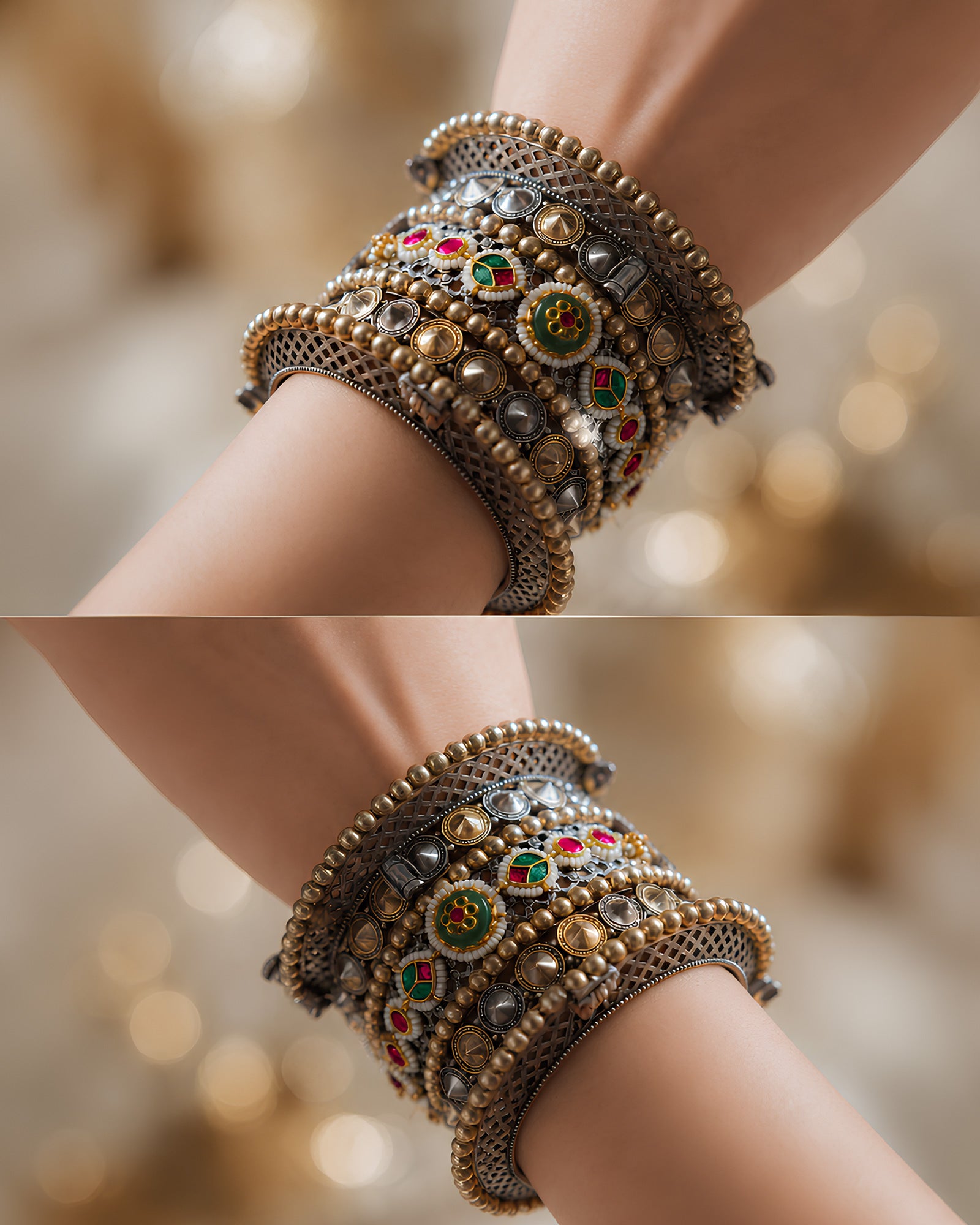 Dual-Tone Conical Stud & Kundan Stacked Kada