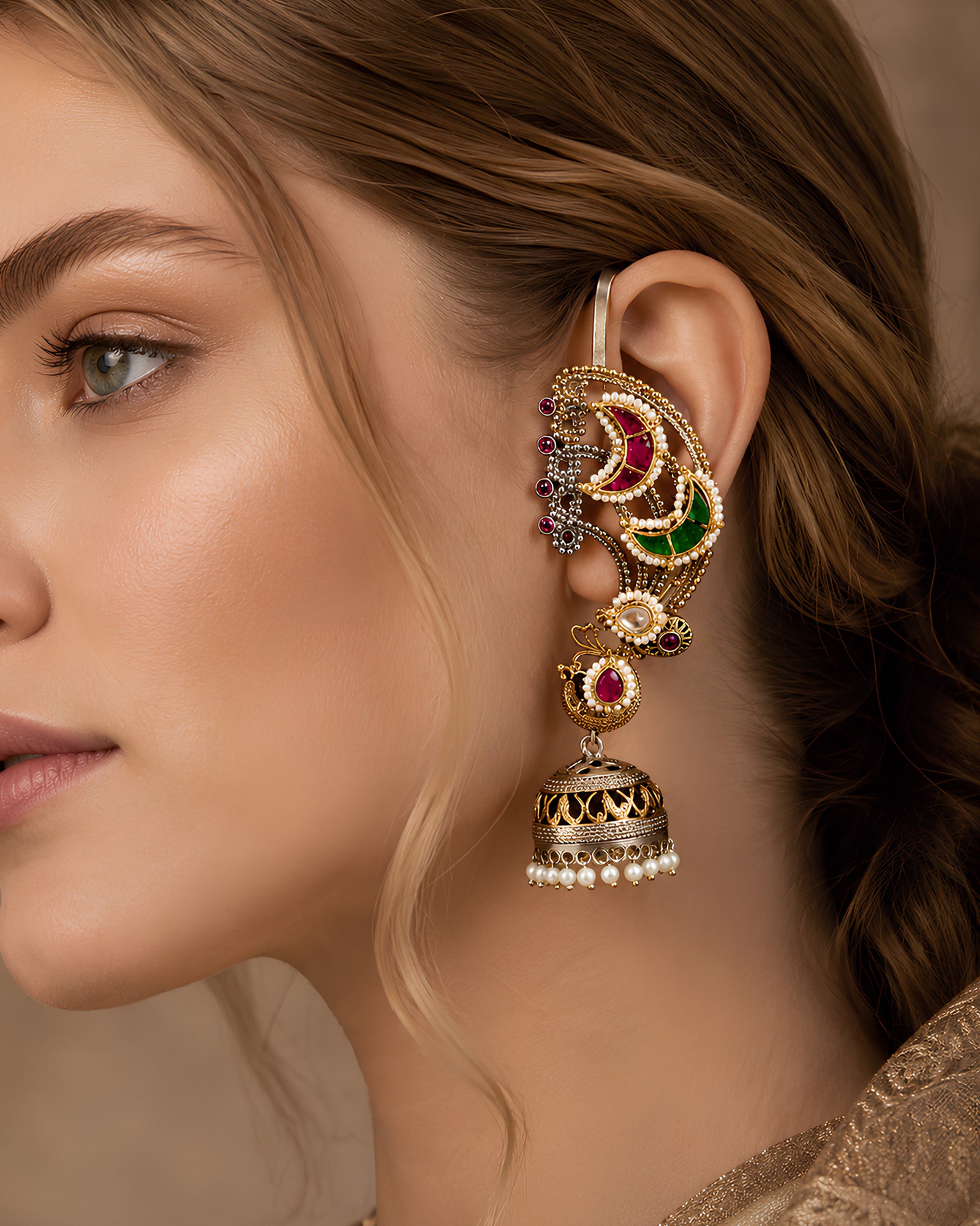 Dual-Tone Crescent Cluster Ornate Ear Cuff Jhumkas