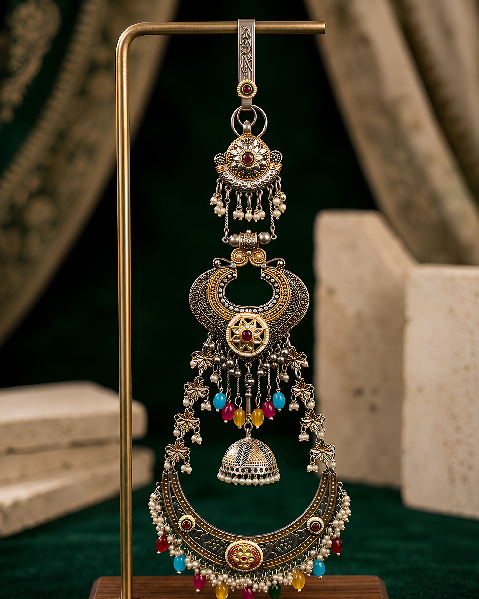 Dual-Tone Crescent Medallion & Multi-Color Bead Jhumka Juda Pin
