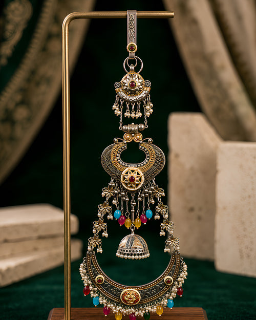 Dual-Tone Crescent Medallion & Multi-Color Bead Jhumka Juda Pin