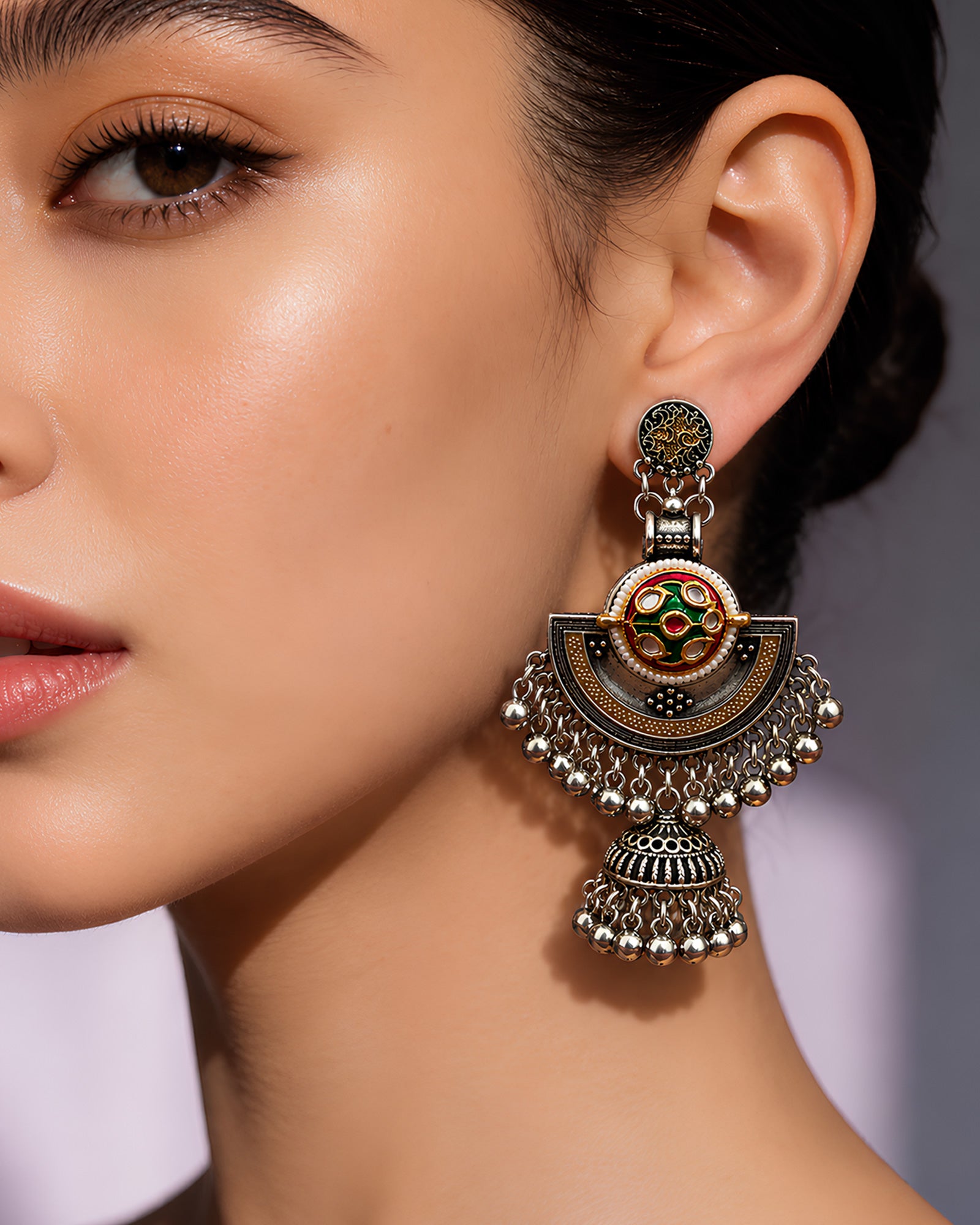 Dual-Tone Crescent Meenakari Oxidized Jhumkas