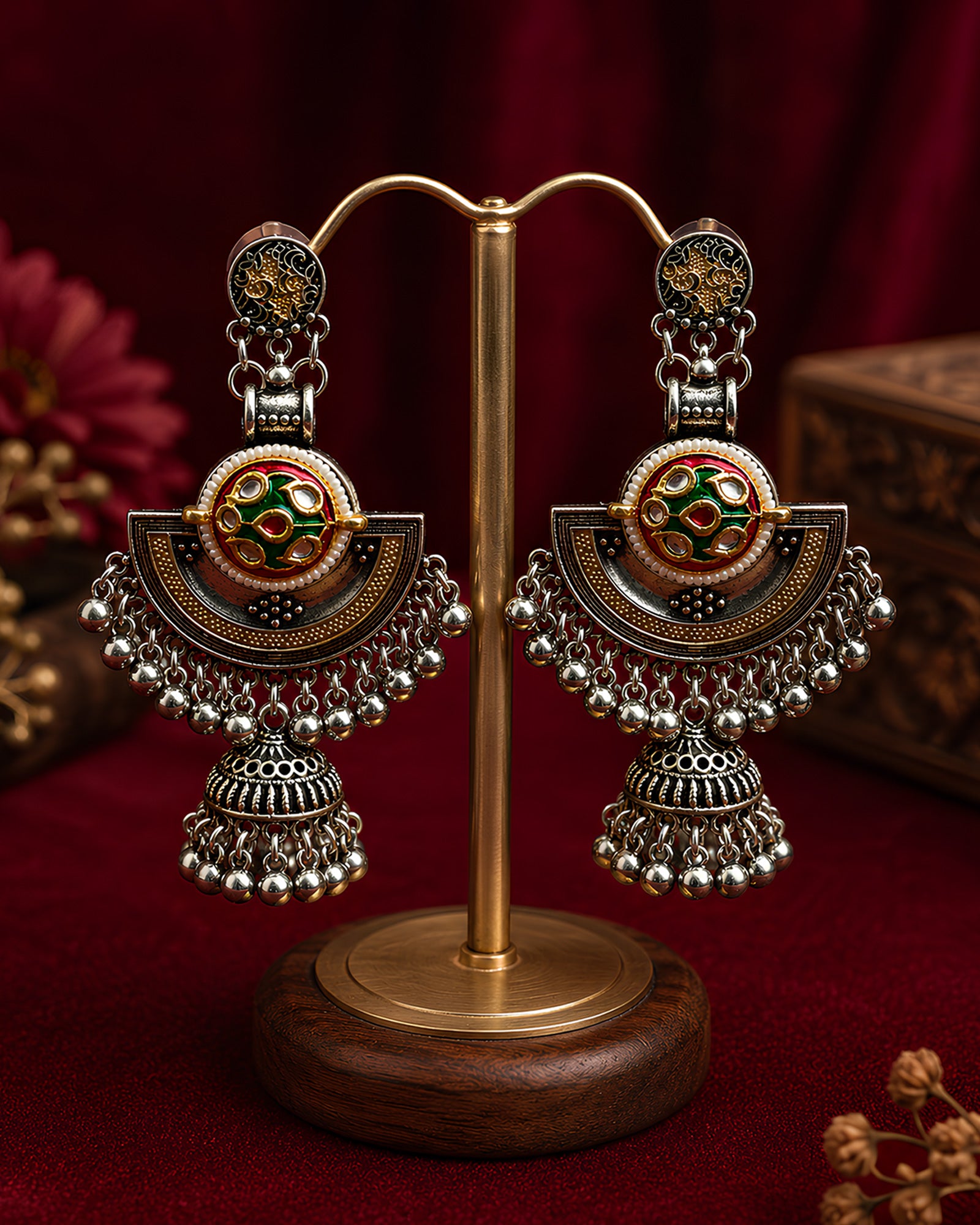 Dual-Tone Crescent Meenakari Oxidized Jhumkas