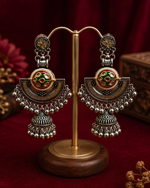 Dual-Tone Crescent Meenakari Oxidized Jhumkas