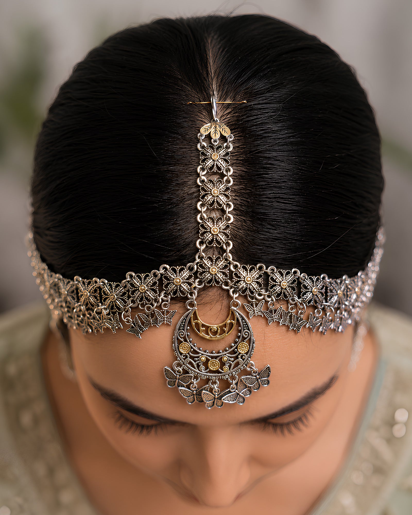 Dual-Tone Crescent Moon & Butterfly Motif Oxidized Matha Patti