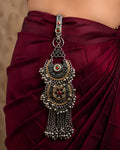 Dual-Tone Crescent Shield & Floral Mesh Saree Juda