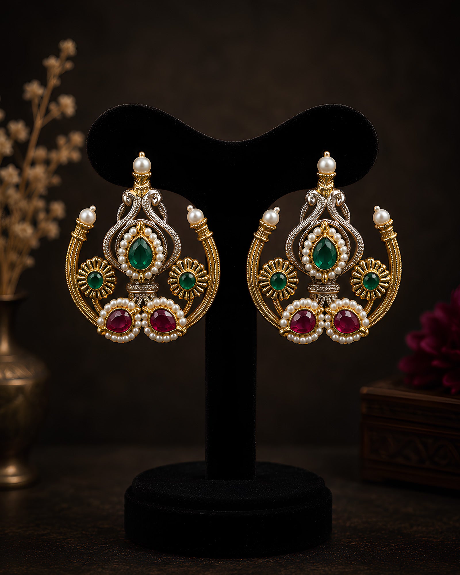 Dual-Tone Crescent Stone Stud Earrings