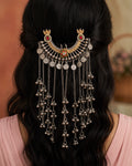 Dual-Tone Crescent Tribal Motif Hair Brooch with Coin & Ghungroo Cascades
