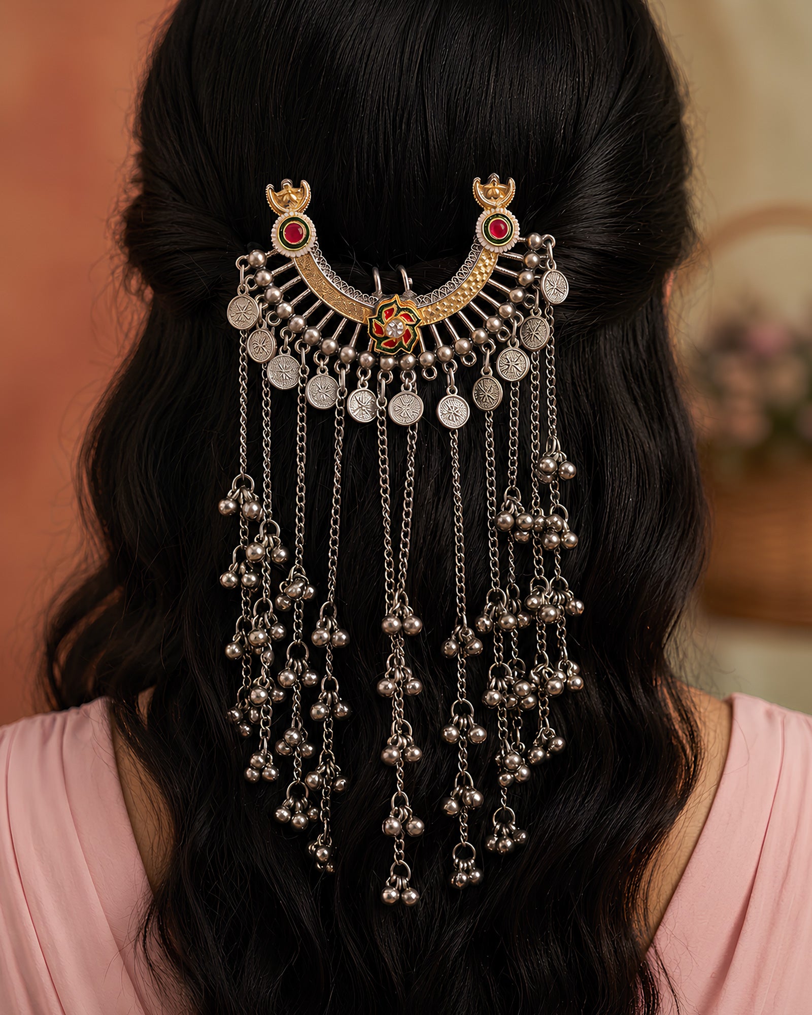 Dual-Tone Crescent Tribal Motif Hair Brooch with Coin & Ghungroo Cascades