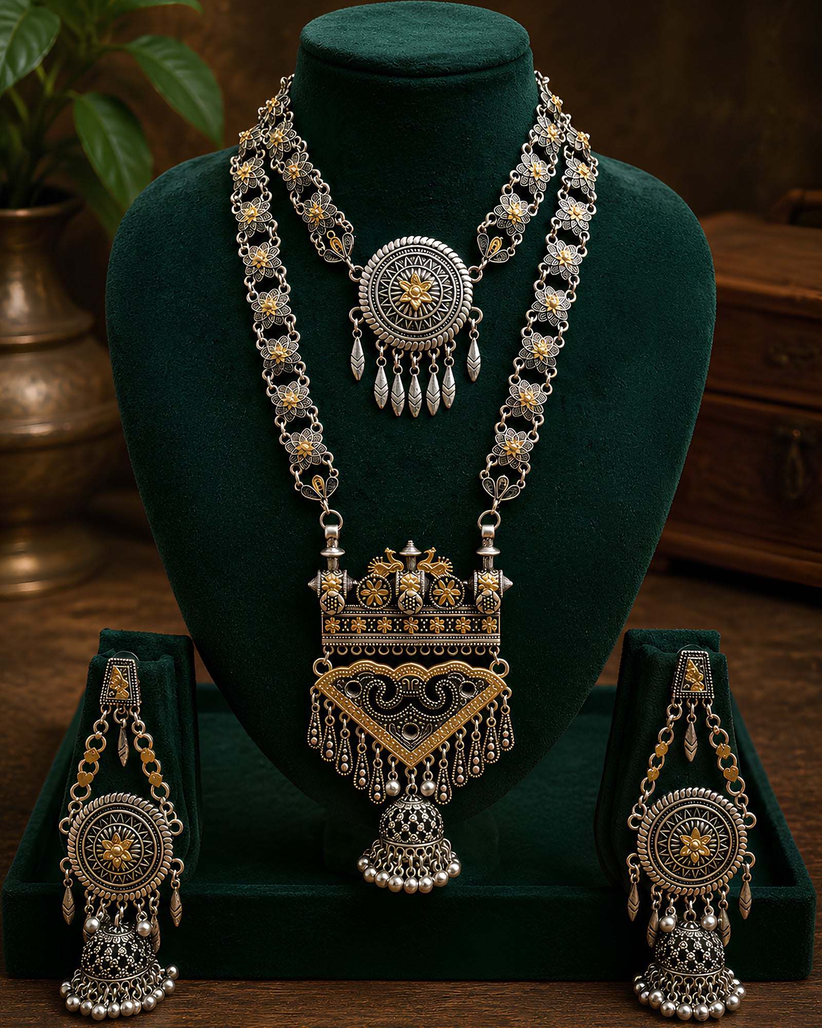 Dual-Tone Crown Motif & Layered Shield Necklace Set