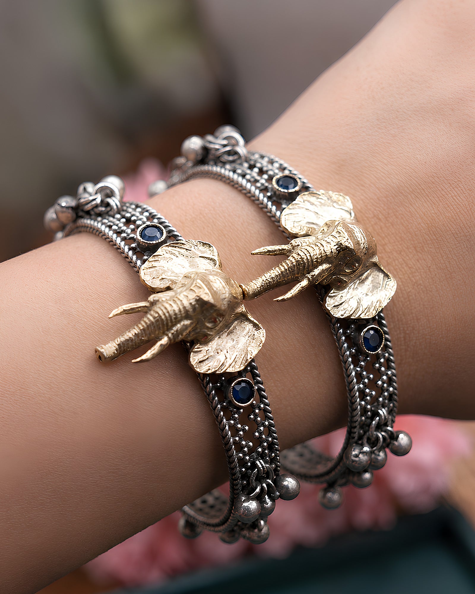 Dual-Tone Elephant Head & Sapphire Blue Oxidized Kada