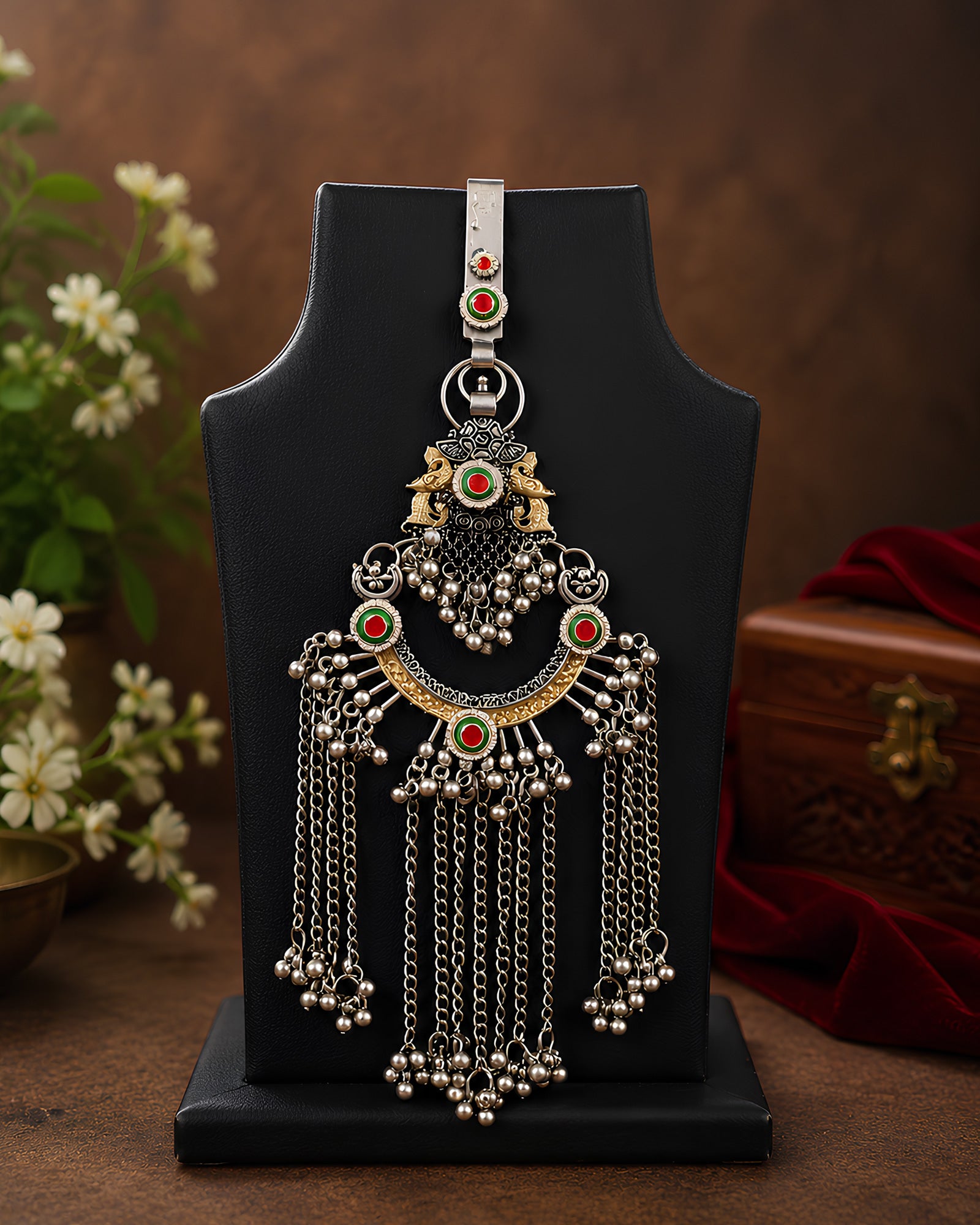 Dual-Tone Elephant Motif & Cascading Ghungroo Crescent Juda Pin