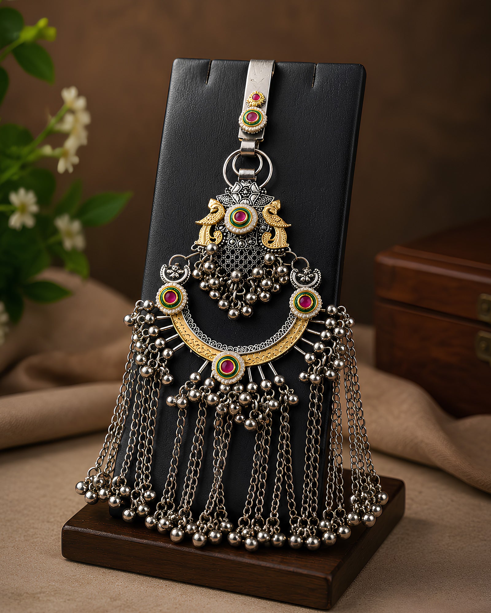 Dual-Tone Elephant Motif & Cascading Ghungroo Crescent Juda Pin