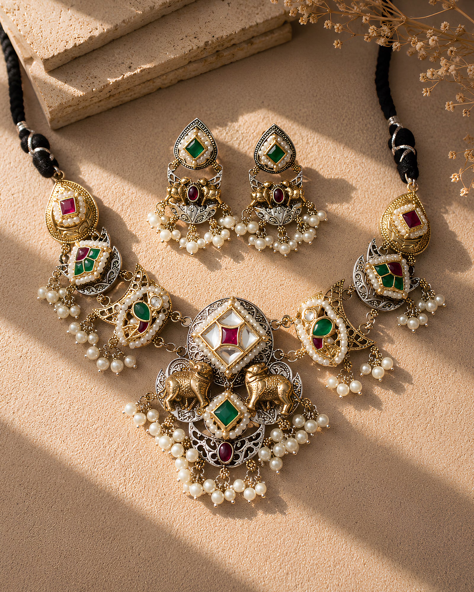 Dual-Tone Elephant Motif Geometric Pearl Hasli Necklace