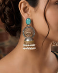 Dual-Tone Elephant Motif Sea Green Stone Jhumka Earrings