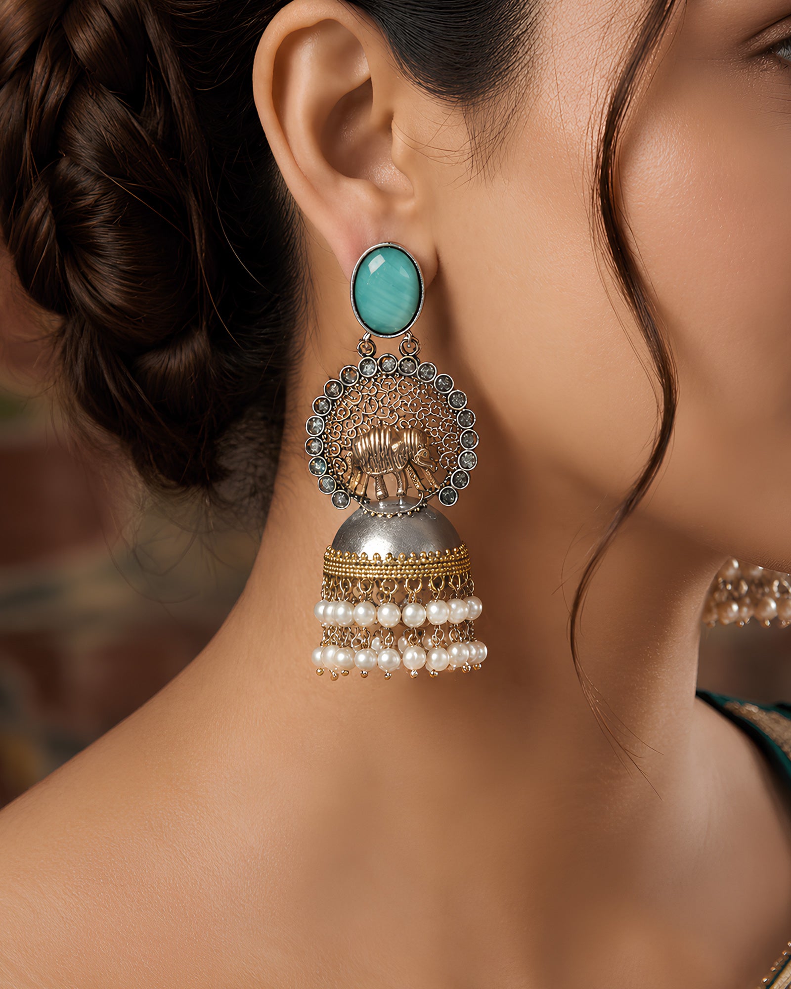 Dual-Tone Elephant Motif Sea Green Stone Jhumka Earrings