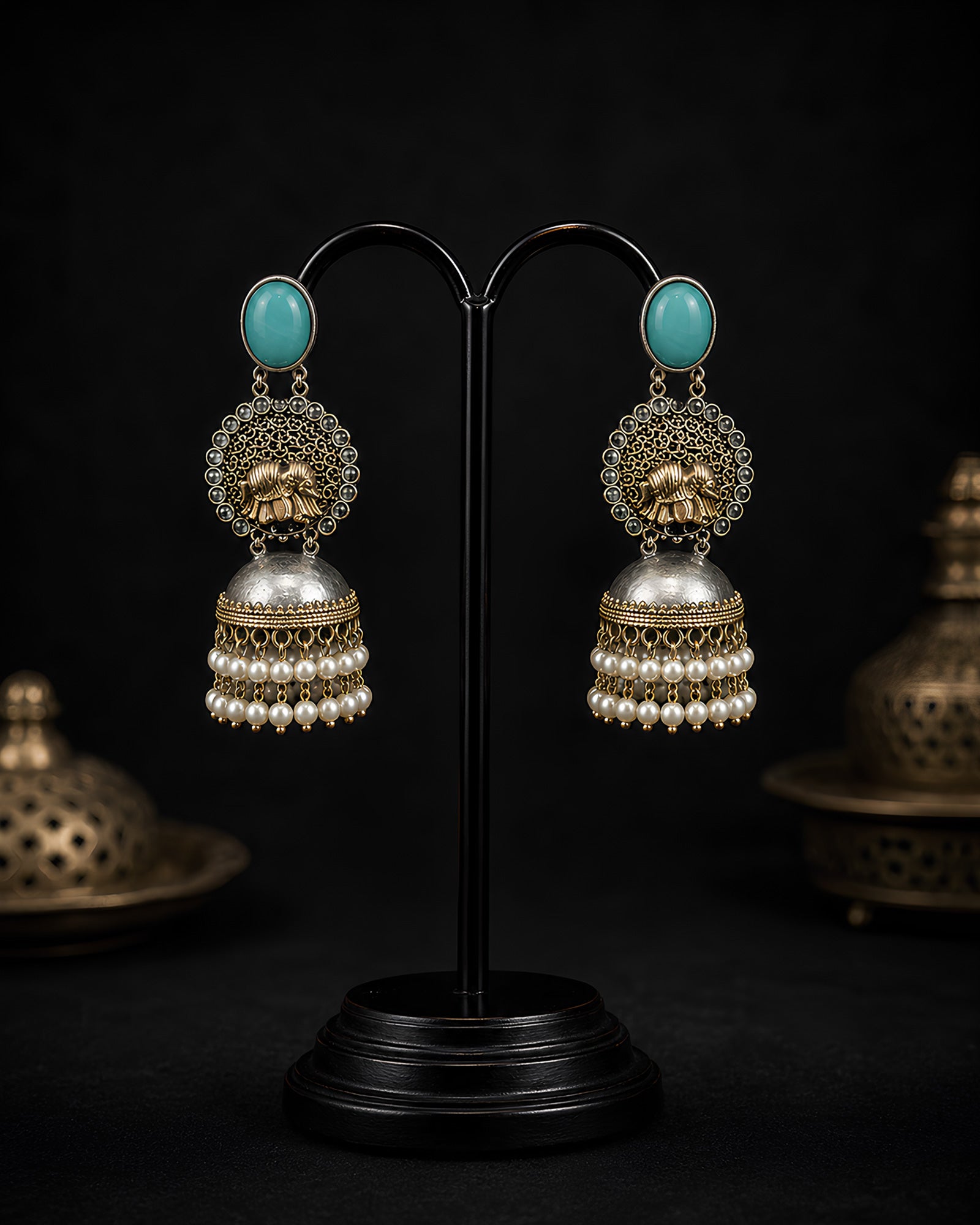 Dual-Tone Elephant Motif Sea Green Stone Jhumka Earrings