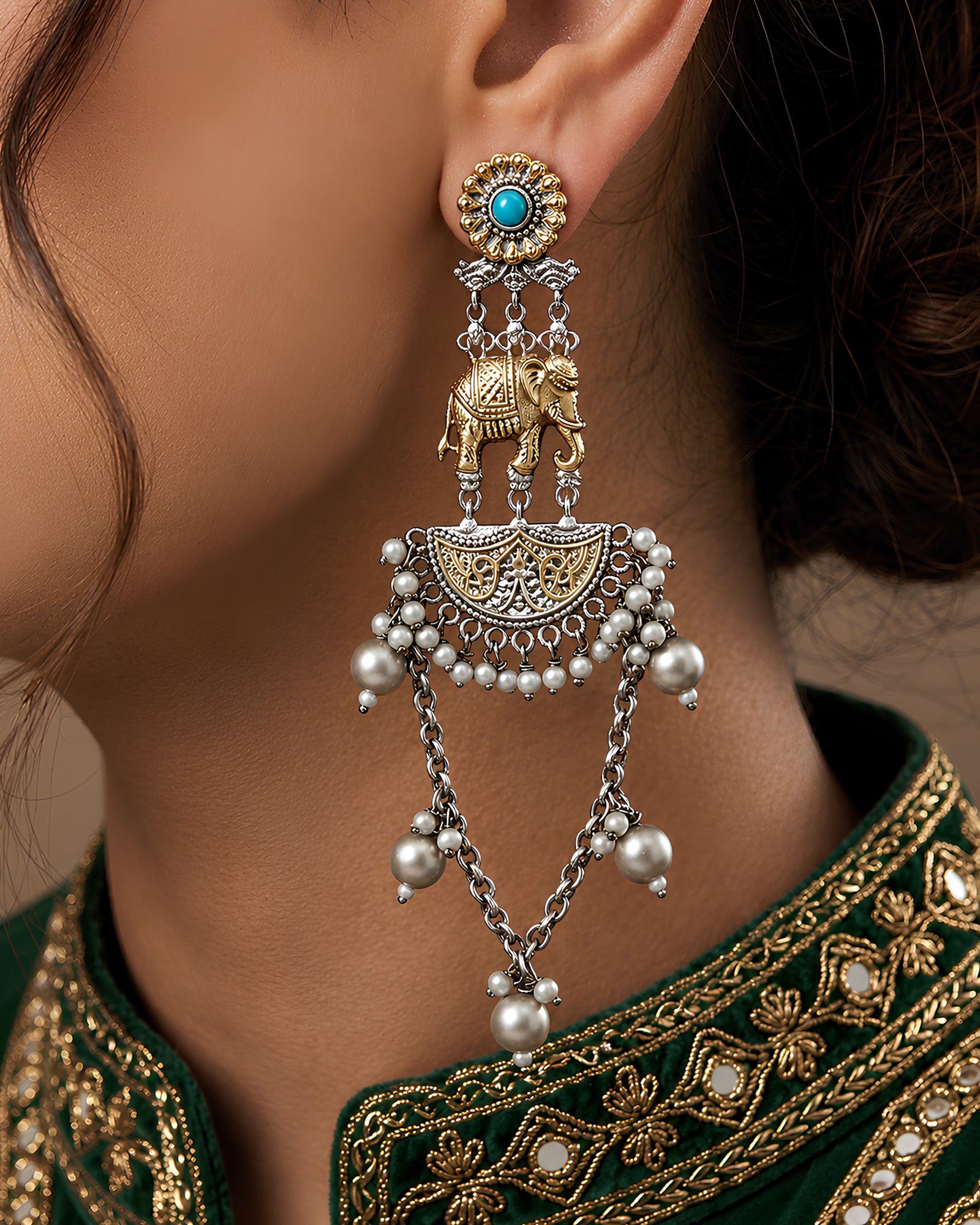 Dual-Tone Elephant Motif Tiered Chandelier Earrings
