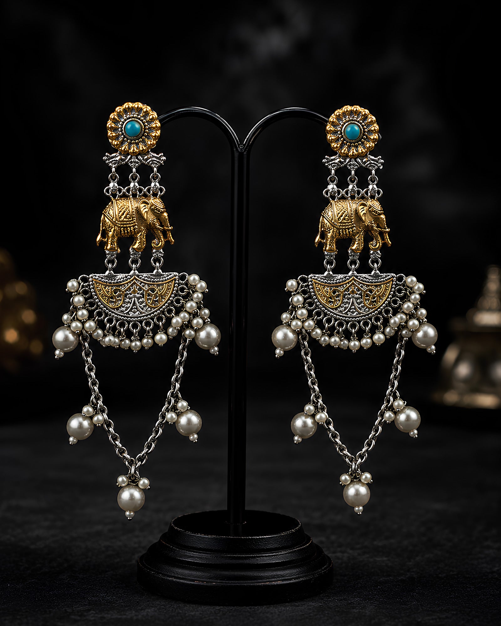 Dual-Tone Elephant Motif Tiered Chandelier Earrings