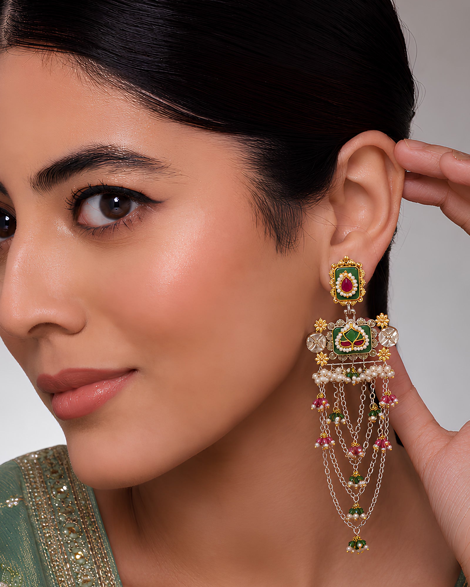 Dual-Tone Emerald & Ruby Cascading Chain Earrings