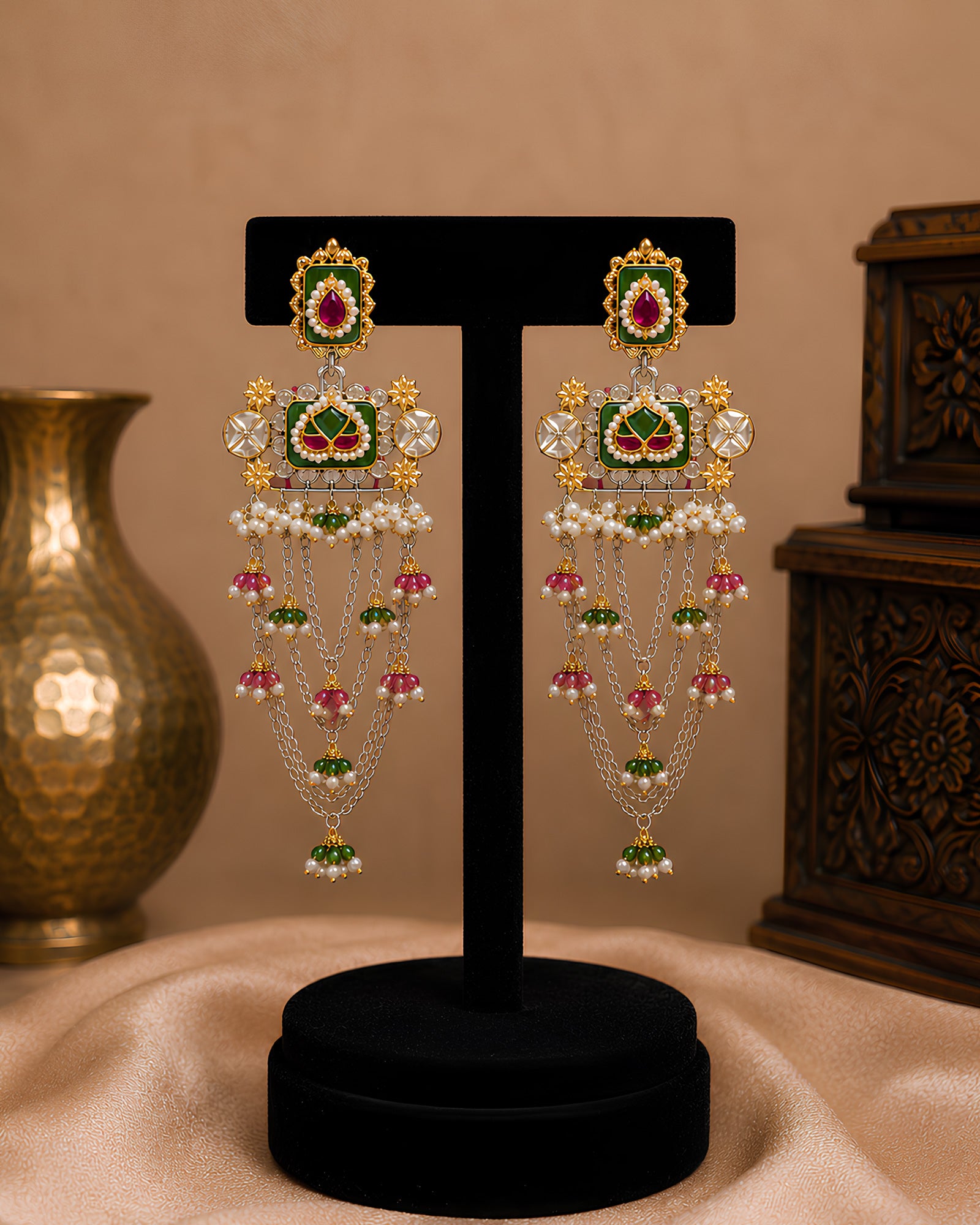 Dual-Tone Emerald & Ruby Cascading Chain Earrings