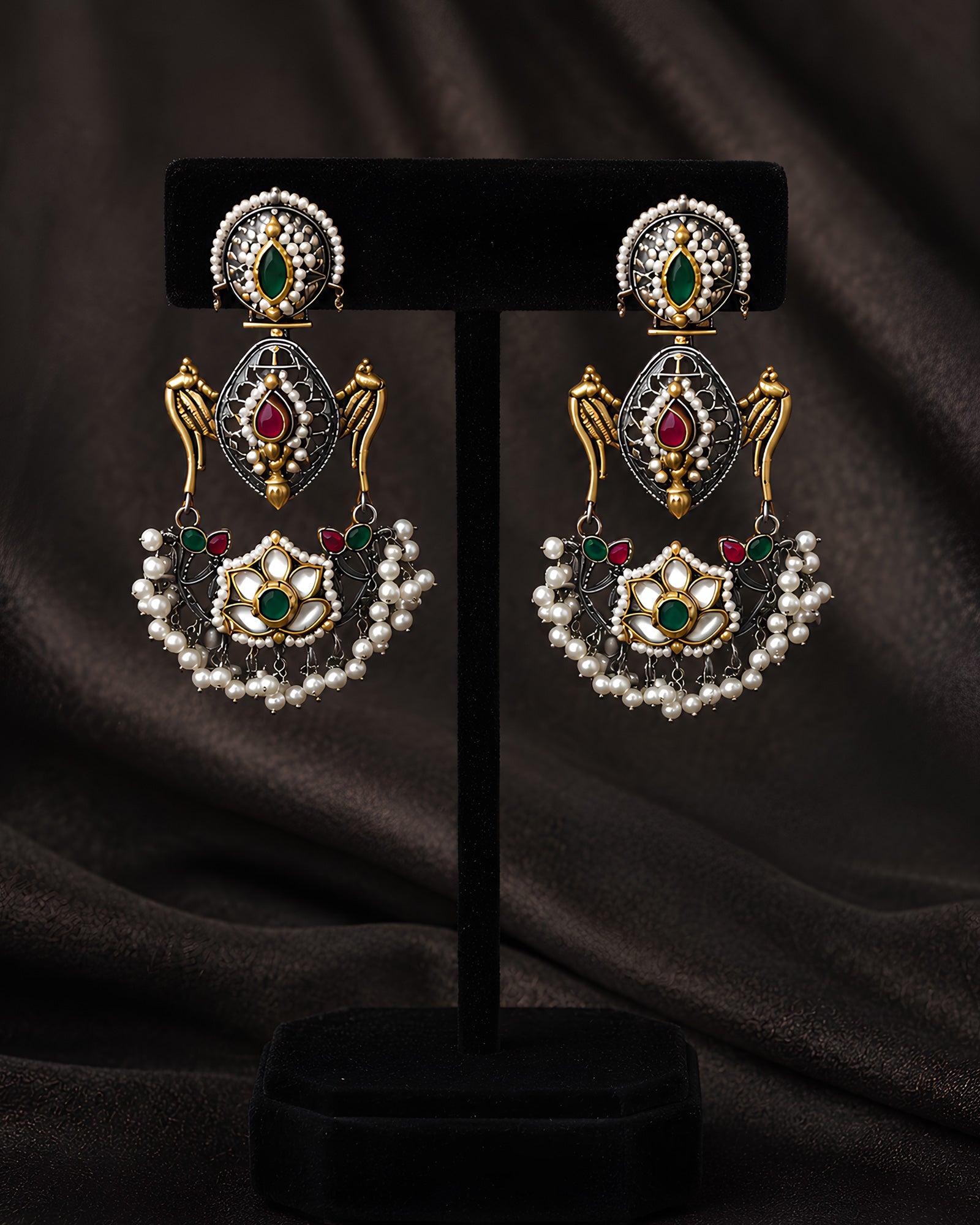 Dual-Tone Emerald & Ruby Gemstone Drop Earrings