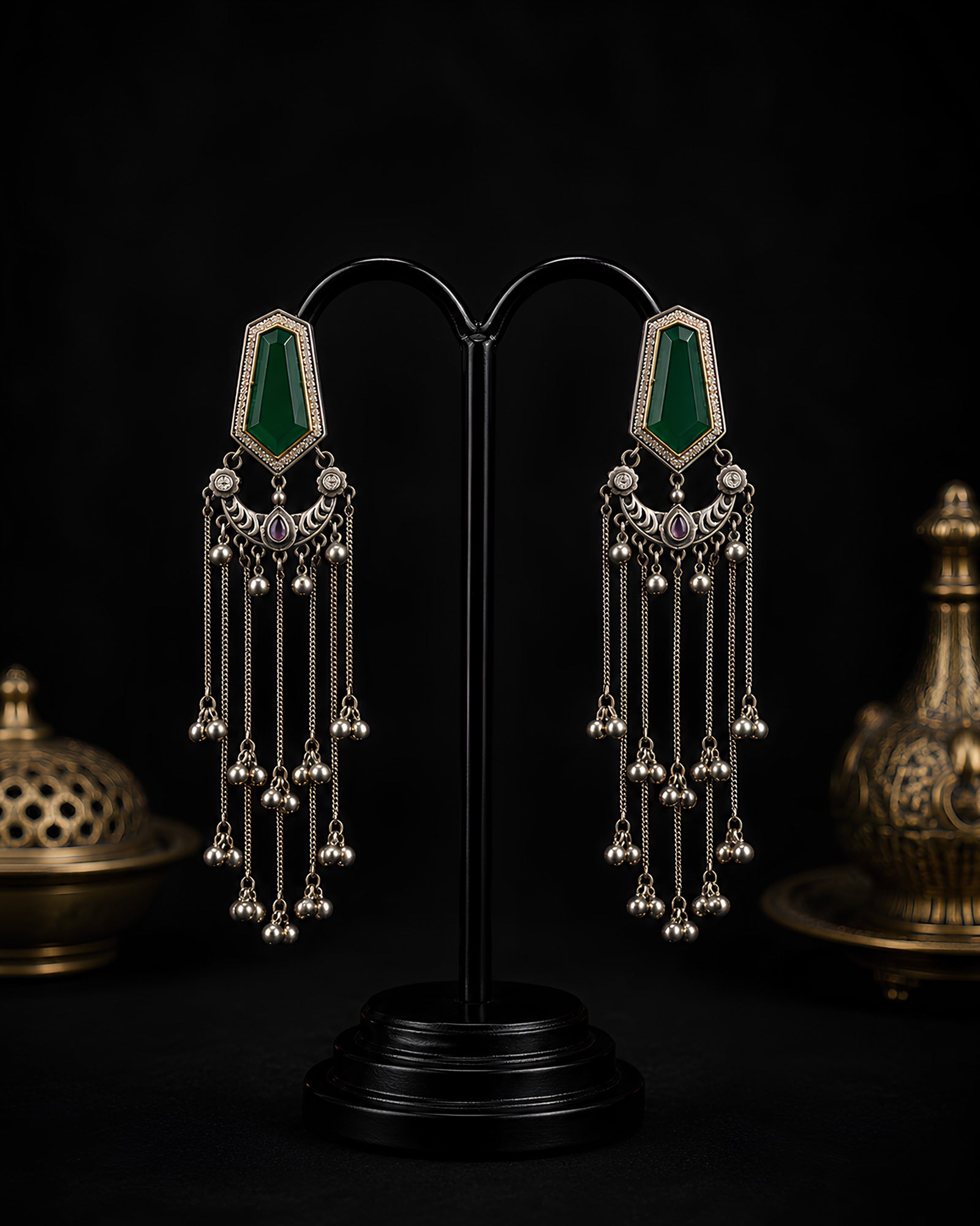 Dual-Tone Emerald Hexagon Ghungroo Chain Earrings