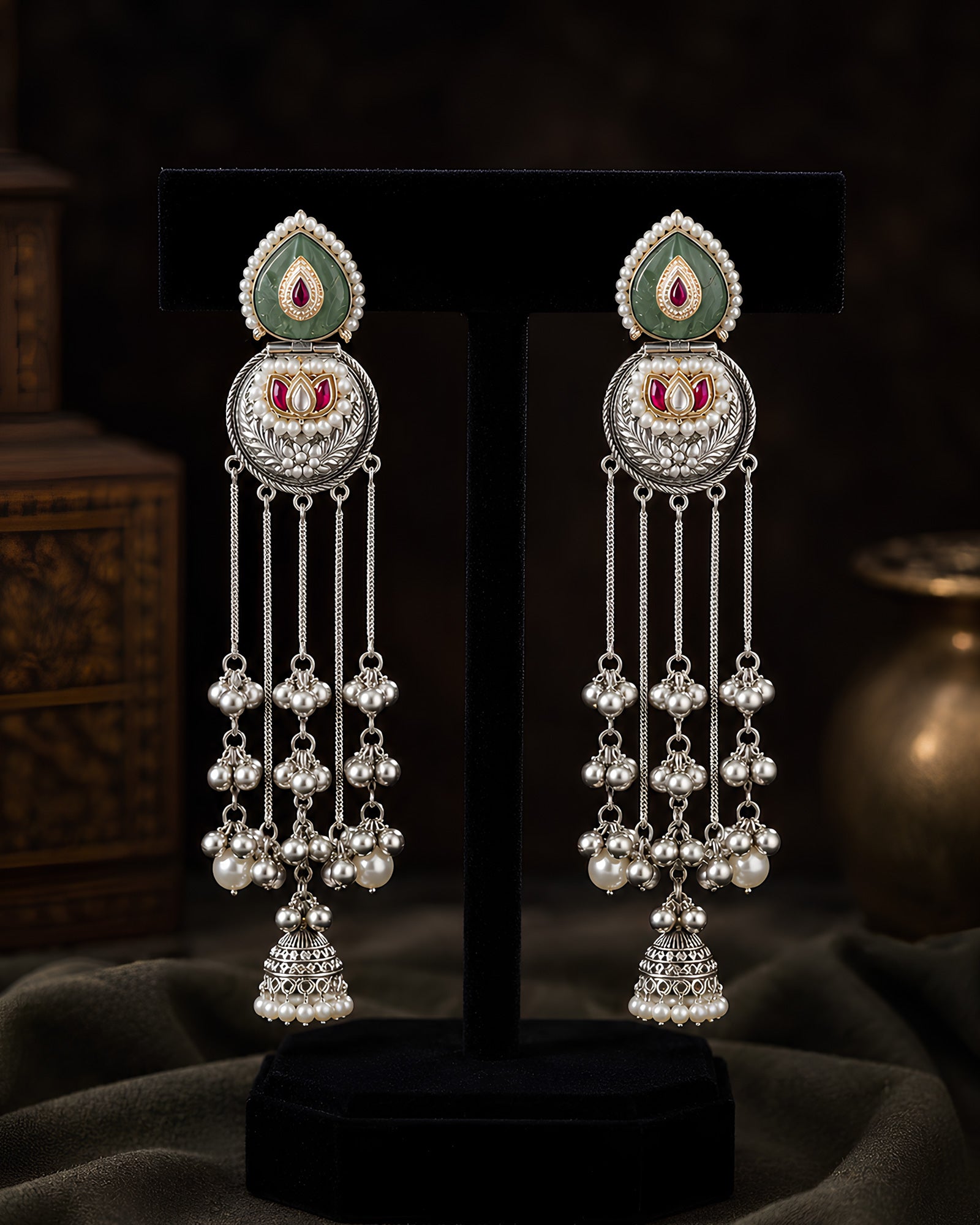 Dual-Tone Emerald Medallion & Cascading Chain Earrings
