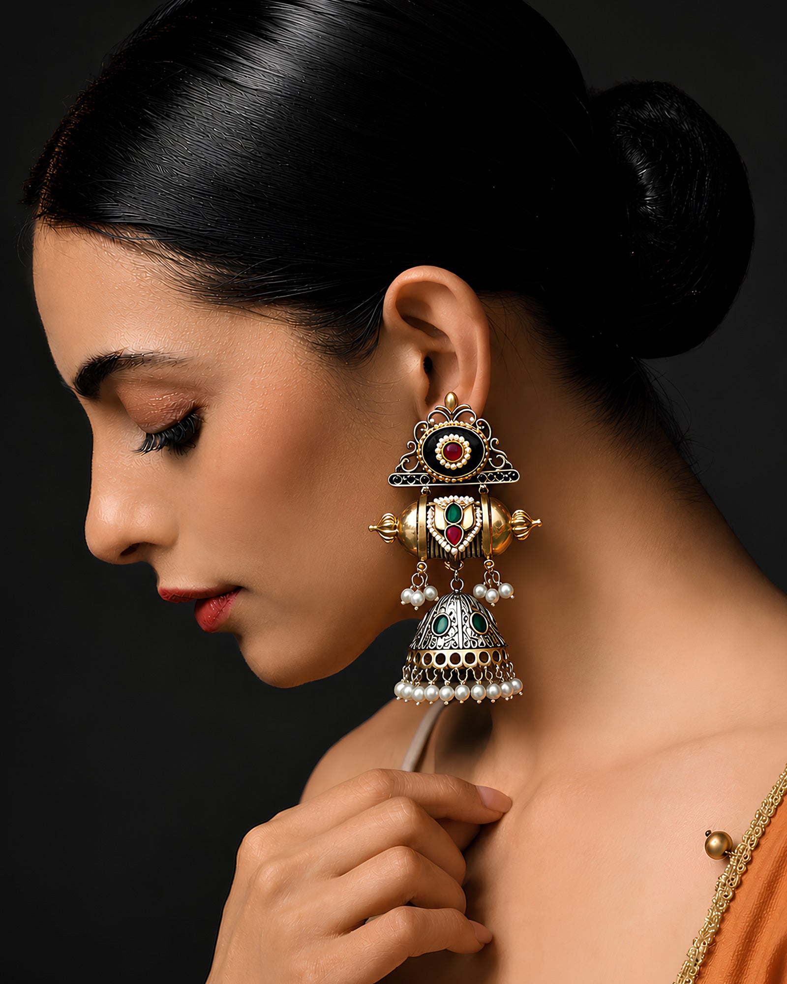 Dual-Tone Enamel Medallion & Jhumka Drop Earrings