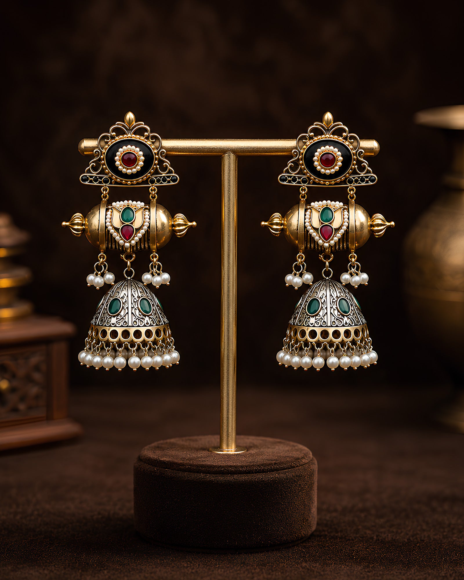 Dual-Tone Enamel Medallion & Jhumka Drop Earrings