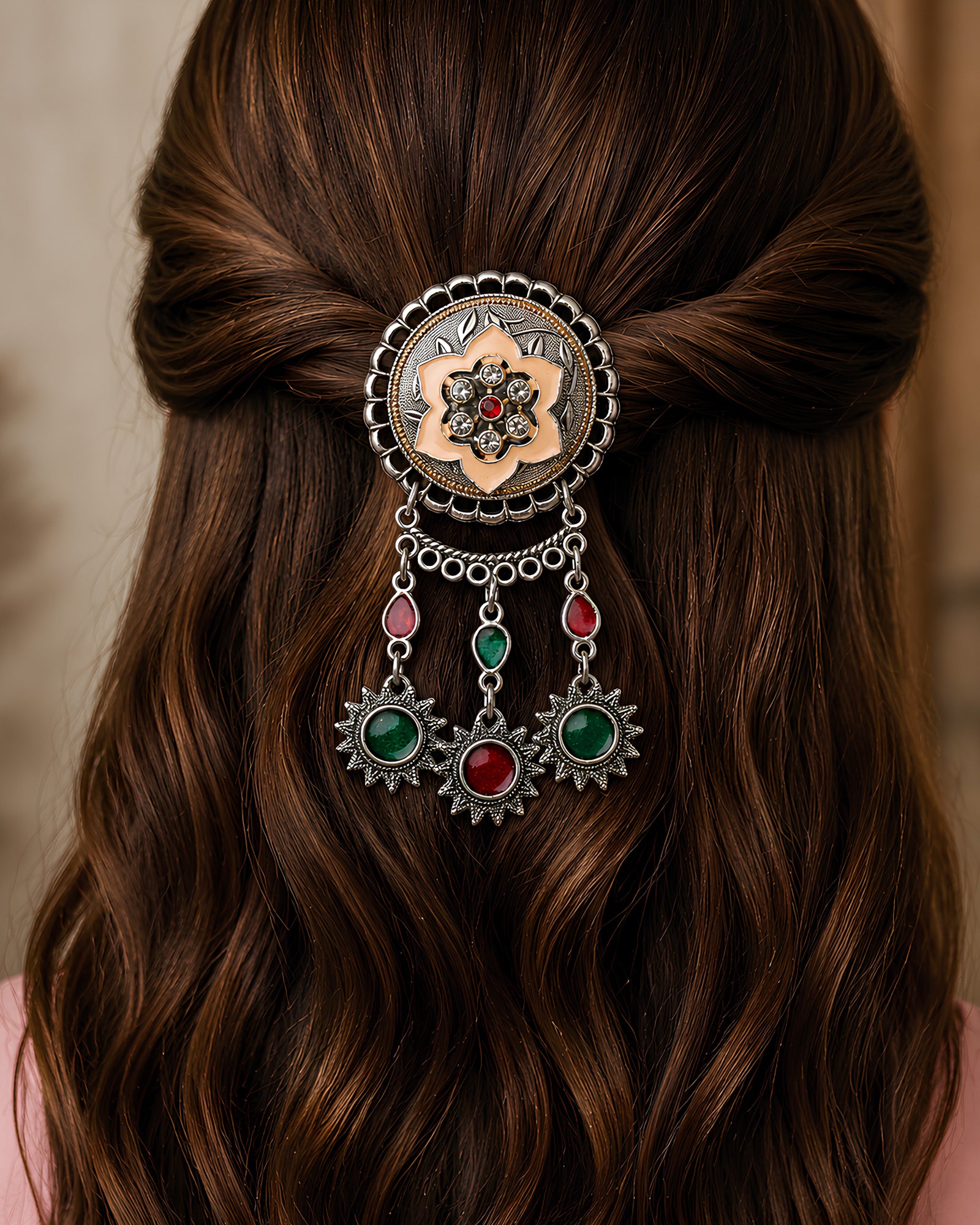 Dual-Tone Enameled Floral Circular Hair Brooch with Sunburst Drops