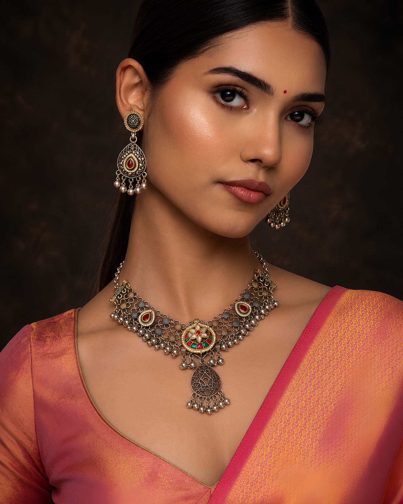 Dual-Tone Filigree Floral Pendant Oxidized Necklace