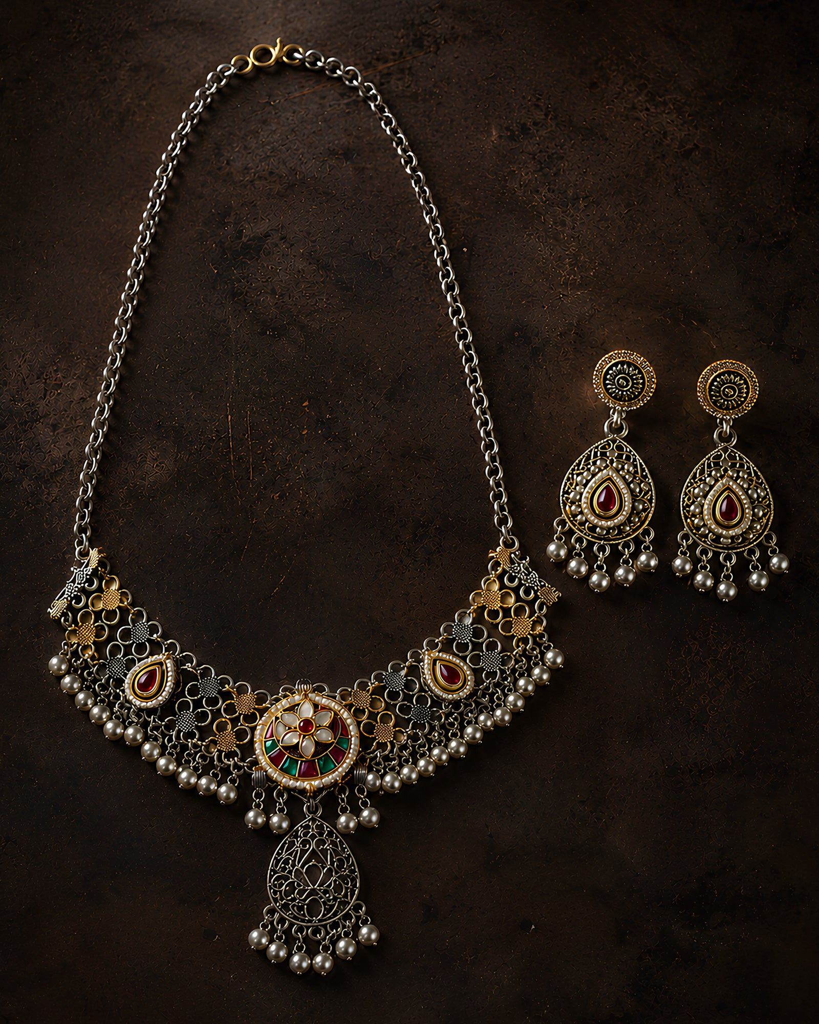 Dual-Tone Filigree Floral Pendant Oxidized Necklace